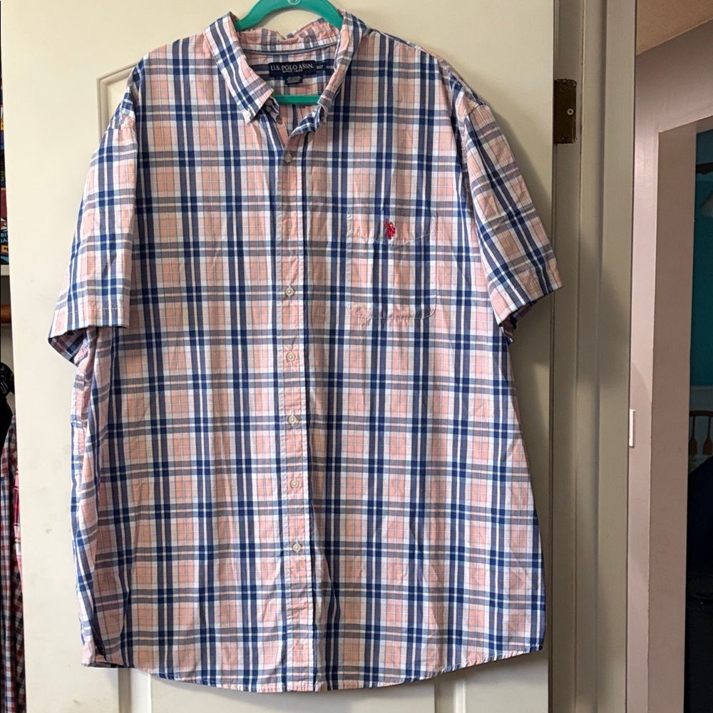 U.S. Polo Men's Casual Plaid Shirt in Blue and Peach